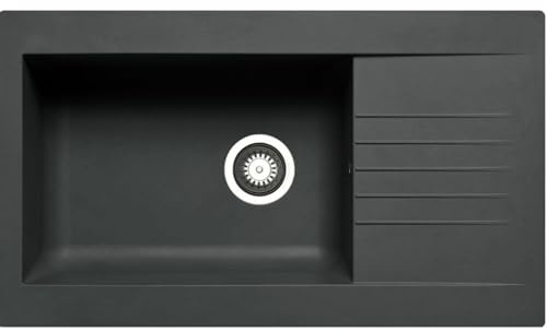 Luquicina LD1BL – Fregadero de cocina 1 seno XL con escurridor reversible – Composite negro – Empotrable – 86 x 50 x 20 cm
