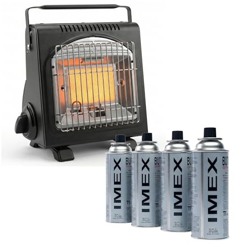 IMEX Gasvärme camping – 1,7 kW mobil tältuppvärmning med ODS syrebristsäkring och vältningsskydd – keramisk värmestrålare för utomhusbruk, fiske och nödsituationer (gasvärme med 4 gaspatroner)
