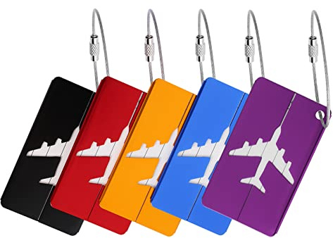 Lot de 5 Etiquette Bagage Aluminium, Étiquette Valise Avion avec Carte PVC étanche Cordon Inox Porte Etiquette en Métal pour Sacs à Dos, Voyages (5 Couleurs)