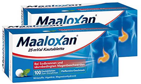 MAALOXAN 25 mVal Kautablette, Kautablette, 2 x 100 Stück, mit Algeldrat und Magnesiumhydroxid, bei Sodbrennen und säurebedingten Magenbeschwerden