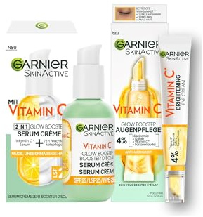 Garnier Vitamina C Glow Booster Set con cura degli occhi anti-affaticamento e crema sierica, per una pelle radiosa e uniforme e per alleviare i segni di stanchezza, SkinActive, 2 pezzi