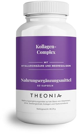 Complexe de collagène Theonia 60 capsules, acide hyaluronique et varech marin, vitamine E, C, biotine, ongles sains, peau, métabolisme des articulations des cheveux, supplément marin de type 1