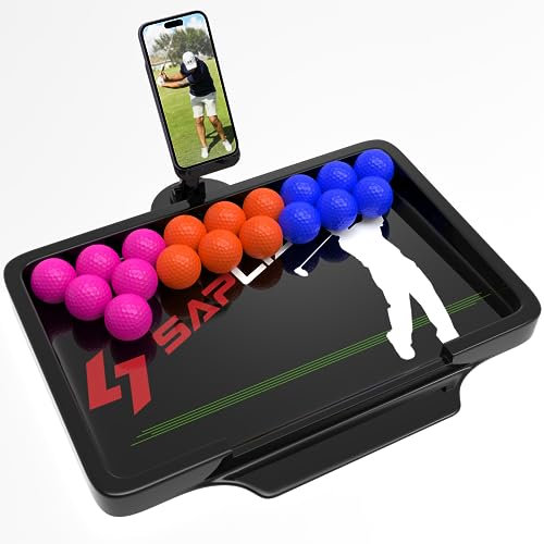 SAPLIZE Heavy Duty Golf Ball Tray with Cell Phone Holder – 53 Ball Capacity, High-Impact Design, Compatible with All Golf Hitting Mats, Ideal for Recording Golf Swing