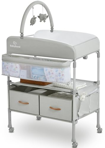 BabyBond Portable Baby Changing Table with 2 Storage Baskets, Foldable Changing Table Dresser Diaper Changing Table Height Adjustable Changing Station for Infant and Newborn(Beige)
