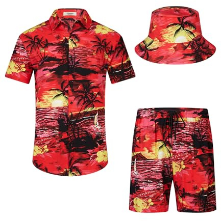 SPKPKEY Hawaiiansk skjorta och shorts för män, set i 2 delar, ledig button-down-skjortor, sommar, strandkläder med fiskhattar