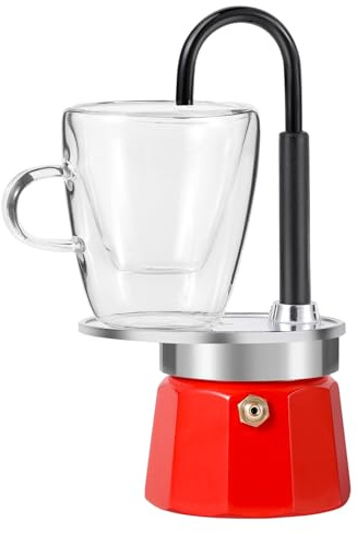 MVPLUE-Mini Express Swiss Single Tube Moka Pot Aluminum Red,Moka Set includes One Double Wall 3oz Cup,Enjoy delicious coffee in no time