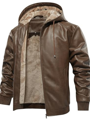 FANARCHER Men’s Faux Leather Jacket Fleece Padded Bomber Motorcycle Jacket with Hood