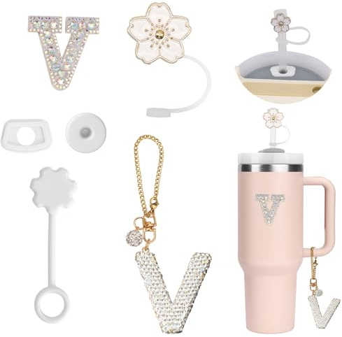 6PCS Personalisierte Tumbler Zubehör für Stanley Cup,Stroh Cover,Initialen Dekorationen für Tumbler,Buchstaben Aufkleber,Buchstaben Charm und Leck Stopper für Stanley Cup (V)