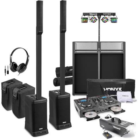 Vonyx VX820 Column Array DJ PA System Package – Complete Mobile DJ Setup with Active Speakers, Dual CD Mixer, Foldable Booth, Partybar LED Lights, 900W Fazer Haze Machine & Headphones