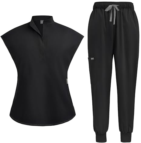Meichoon - Conjunto médico de mujer - Top separado de manga corta y cuello alzado - Pantalón de yoga con 2 bolsillos laterales - Suave y resistente a las arrugas DK55Negro XL