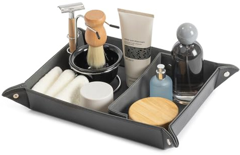 LIVIVO Leather Valet Tray Organiser - Foldable Black PU Leather with Removable Divider - Desk Tray & Bedside Table Organizer, Catch All for Wallet, Keys, Coins, Watch - Christmas Stuffers for Dad