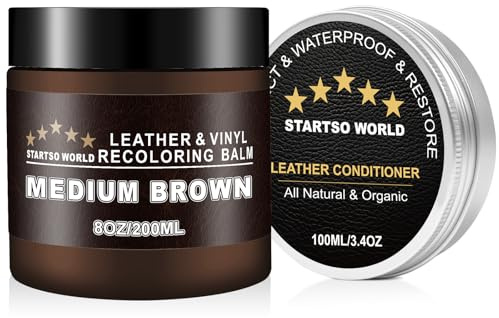 STARTSO WORLD Leder Reparatur Set Medium Braun mit Lederfett, 200ml Flüssigleder, Lederfarbe, Lederpflege Auto, Leder- & Vinyl-Reparaturset für Möbel, Couchen, Sofas, Autositze, Schuhe