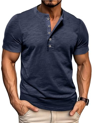 Volemo Mens Henley T Shirts Short Sleeve 100% Cotton T-Shirt | Lightweight Breathable Slub Stripe Jersey, 5-Button Placket, Regular Fit, Casual Business Holiday Trips Summer Gatherings