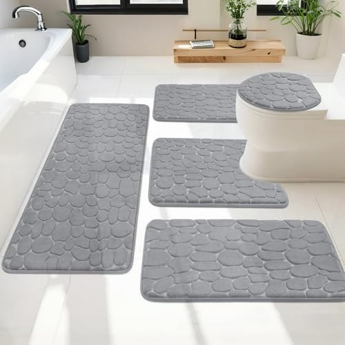 Heavyoff Alfombra de Baño 5 Piezas, Alfombrilla para Bañera Antideslizante, Lavable, Absorbente, Alfombra de baño, Alfombra de Inodoro para Baño, Ducha, Gris