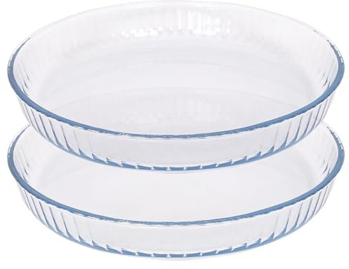 Argon Tableware Optical Round Glass Oven Dishes - 32cm x 32cm - 2x Large Deep Baking Casserole Lasagne Roasting Roaster Cooking Tray Bowl | Microwave Safe, Freezer Safe