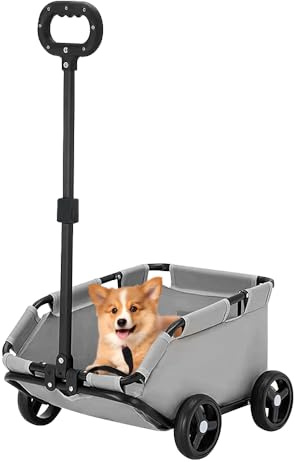 OHMG Poussette pour chien,Pliable à 4 roues,Avec tige de poussée réglable,Chariot pour chien, coussin lavable,Pour chiens miniatures jusqu'à 10 kg,Design ouvert