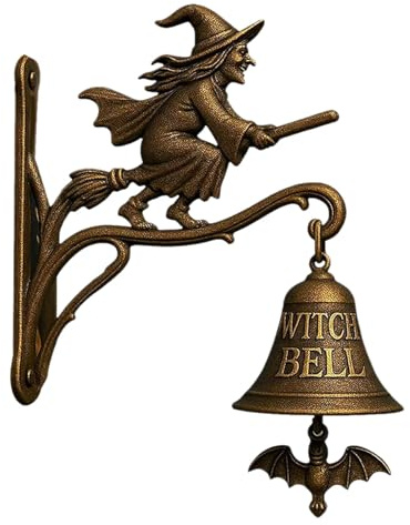 Timbre de bruja vintage de Halloween, campanas de bruja montadas en la pared con escoba, murciélago, decoración de silueta de bruja voladora de Halloween para puerta delantera, porche y pared, campana