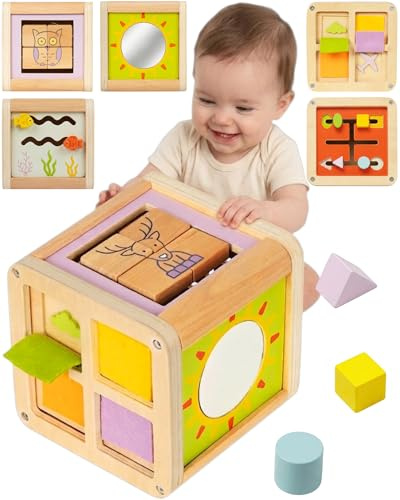 Funsi Cube d'activité bébé - 6 en 1 - Éveil des Sens - Vue, Toucher, Ouïe, Motricité Fine - Évolutif - Jouet bébé à partir de 1 an - Jouet évolutif jusqu'à 3 Ans - Léger et transportable