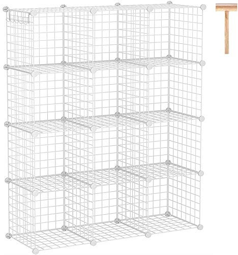 C&AHOME Portaoggetti in Filo Metallico, Organizzatore per Portaoggetti a 12 Cubi in Metallo, Griglie a C Scaffali per Contenitori, Scaffale per Libri Modulare, Ufficio 36,6L x 12,4L 48,4 H Bianco