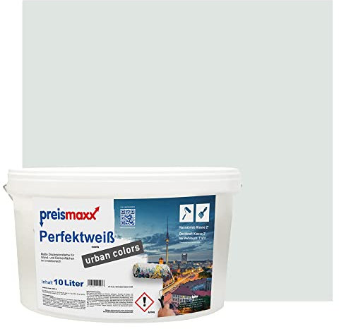 Preismaxx Perfektweiß Wandfarbe grau matt 10L - Innenwandfarbe für kreative Wandgestaltung, Innenfarbe hellgrau, hohe Deckkraft Klasse 2, Trendfarbe für Wohnzimmer, bunte Akzentfarbe