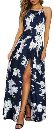KILIG Maxi Dresses for Women UK Summer Dress Halter Neck Wedding Guest Elegant Long Dress Floral Beach Sundress(Floral-B,Small)