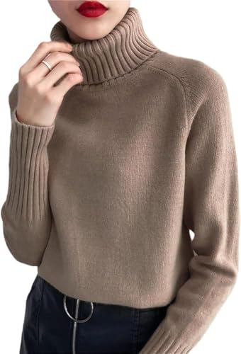Suéter de Punto de Cachemira de Las Mujeres Otoño Invierno de Cuello Alto de Manga Larga Jersey de Jersey Femenino, Caqui, M