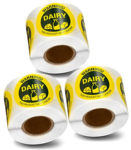 900 Labels - Dairy Allergen Label Allergy Warning Stickers, 1.5 inch Circle Dots Dairy Allergies Food Advisory Allergens Warning Deli Restaurant Bakery Packaging Sticker Roll - Allergy Alert Labels