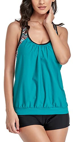 IHCEMIH Costumi da Bagno Donna Tankini Push up Imbottito Costume Due Pezzi Vita Alta Piscina Mare Stampa Sportivo Beachwear Swimwear Set con Pantaloncini Verde 3XL
