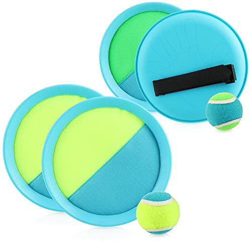 com-four® 6-teiliges Fangspielset - Strandspielzeug mit Fangscheiben und Wurfbällen - Klettballspiel mit haftbarem Kunststoffbezug - Wurfspiel innen & außen [Auswahl variiert] (6-tlg - blau/grün/gelb)