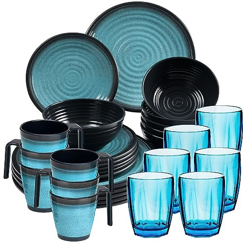 Melamin Geschirr Set 30 Teile Elegante Steingut Optik in blau mit Tassen Wasserglas 320ml blau - für 6 Personen Essgeschirr Gläser Wasserglas Tumbler Whiskey Campinggeschirr Camping Outdoor