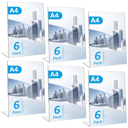 CYEER 6 Stück Tischaufsteller A4, Acryl Aufsteller A4, Aufsteller Din A4, Acryl Ständer Schräg, Schilderhalter A4, L-Ständer A4 für Fotos, Restaurant, Cafe Shop, Büro