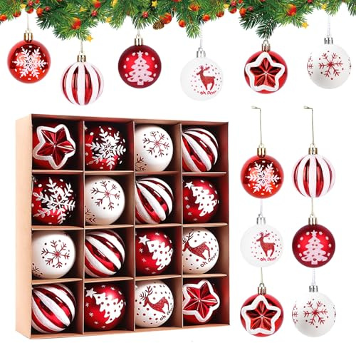 Boules de Noël en Plastique Petites 6 cm - 16 pièces Boules de Sapin de Noël Rouges incassables - décorations d'arbre de Noël Ensemble de Boules de Noël