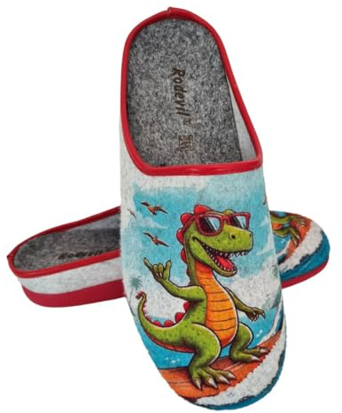 Rodevil Zapatillas casa hombre de fieltro Dibujo divertido Dinosaurio - Válidas para invierno y verano