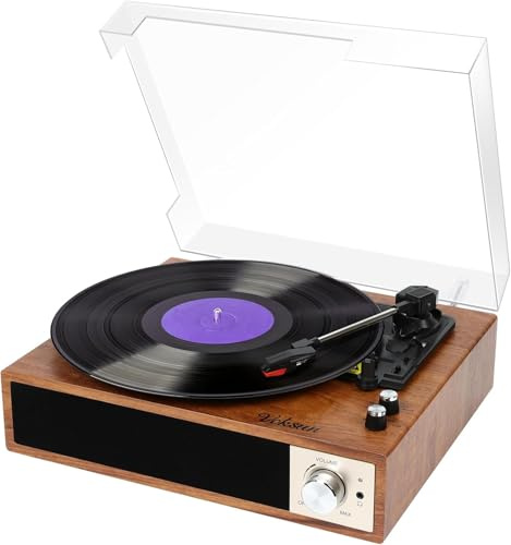 VOKSUN Bluetooth Vinyl Record Player - 3-Speed Belt-Driven, Built-in Speakers, USB Recording, RCA/Aux, Retro Wooden Phonograph (7/10/12 Records), Brown