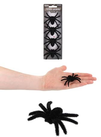 HENBRANDT Single Pack of 4 Small Furry Black Spiders 7cm Scary Hairy Spider Trick or Treat Party Favours Loot Bag Fillers Indoor Props Novelty Gag Gift Scary Pranks Halloween Decorations
