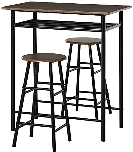 HOMCOM Bartisch Set mit 2 Barhockern mit Lagerregal für Esszimmer Schwarz