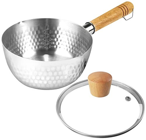 Japansk nonstick rostfritt stål kastrull med trähandtag och glaslock traditionell hamrad mjölkkastrull 16 cm/6,3 tum silver