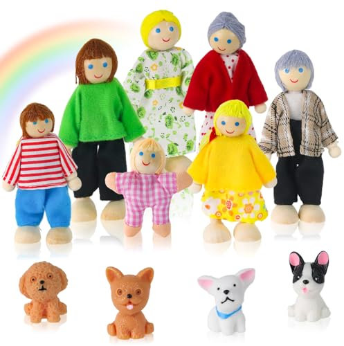 Delsen 11 Stück Puppenhaus Puppen,Puppen Familie Figuren mit Hund,Biegepuppen für Kinder Spiel Haus Geschenk Holz