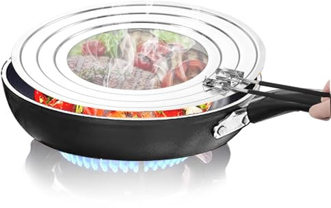 Ausune Frying Pan Splatter Guard, Stainless Steel Grease Splatter Screen with Foldable Silicone Handle, Universal Splatter Screen for Frying Pan Fits 20, 24 & 28cm Diameter Cookware