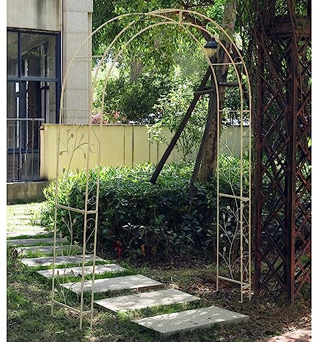 Arco de jardín de metal resistente con estacas de tierra, soporte grande y resistente para plantas trepadoras para rosas, vides y verduras, decoración vintage para exteriores, color blanco