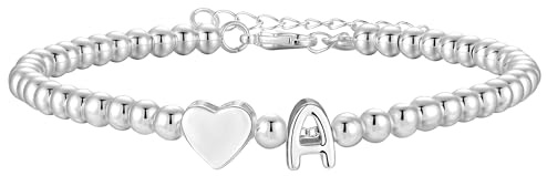 Aretas Initial Bracelets for Women Girls Silver Letter A Heart Pendant Bead Charm Bracelet Personalized Cuff Bangle Jewelry Christmas Birthday Gifts for Girls Daughter Sister Friends Jewellery
