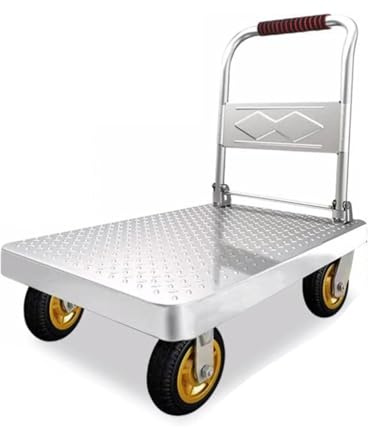 Carrello a mano a base piatta resistente, carrello di trasporto industriale con ruote girevoli in gomma a 360°, carretto in metallo per carico e scarico