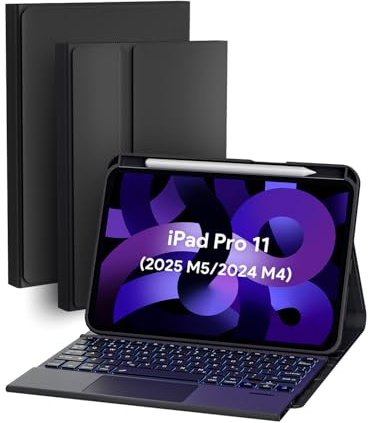 Doohoeek Case with Keyboard for iPad Pro 11 Inch 2025 M5/2024 M4(6th/5th Generation), Bluetooth Wireless Backlit Detachable Rechargeable Keyboard Type Folio with Multi-Touch Trackpad, Black