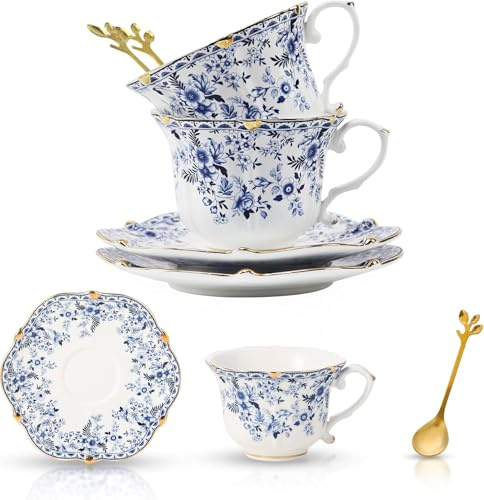 Kaffeetassen mit Untertassen, 2 Stück Rosenporzellan Goldrand Teetassen und Untertassen mit Löffel, Porzellan Cappuccino Tasse set, Mochatassen, Keramik Espressotasse(Blau)