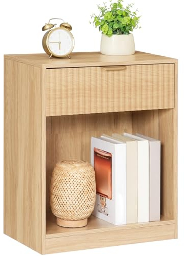 HOOBRO Mesita de Noche Acanalada con Estante y Cajón, Mesilla de Noche de Estilo Rústico con Tirador Metálico, Mesa Auxiliar para Dormitorio, Salón o Despacho, Madera Natural ENL208BZ01