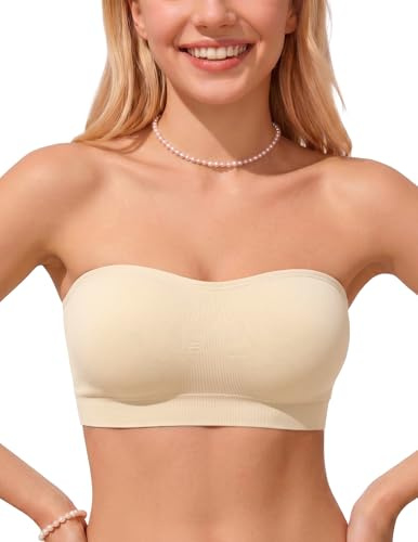 PoseFree Seamless Push Up Strapless Bra for Women Non-Slip Silicone Bandeau Bra with Fabric & Clear Straps Wireless Tube Top Nude S