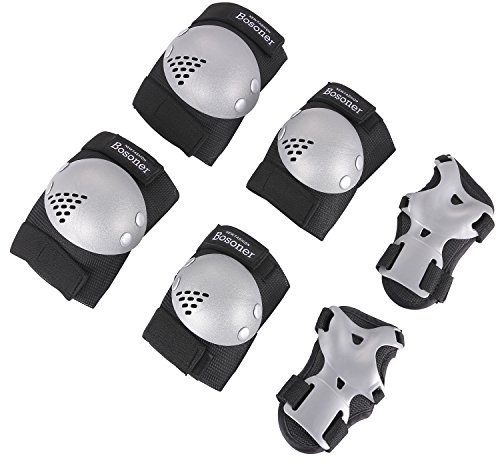 BOSONER Knieschoner Kinder Schoner Inliner Protektoren 6er Set Schützer Inliner Inline Skates Knie Und Ellenbogenschützer Schutzausrüstung Knieschützer Skateboard (10#Silber, M (6-15Jahre))