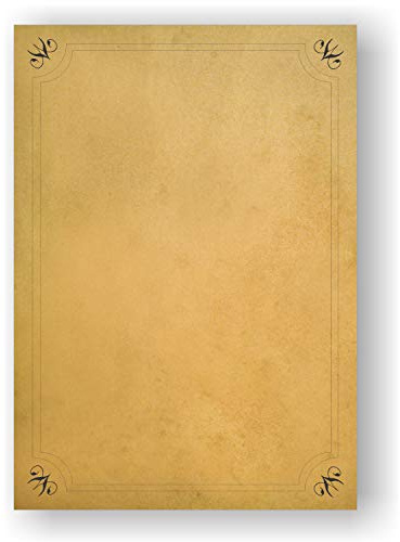 Foglie con effetto anticato, per diplomi, pergamene e tesori. - 25 fogli con cornice classica - Effetto ingiallito fronte/retro - Formato A4 - Peso 90 g