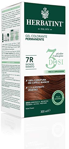 Herbatint Gel colorante permanente 3 dosis, 300 ml – 7R Rubio cobrizo, sin amoniaco, para pieles sensibles, cobertura 100% de cabellos blancos, con 8 extractos naturales biológicos