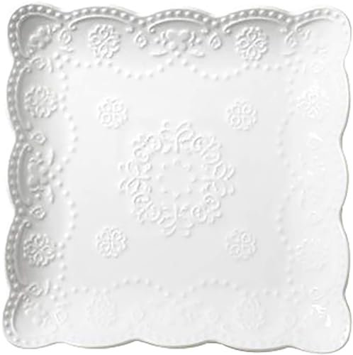 YBK Tech Elegante piatto quadrato in pizzo goffrato, piatto da portata in ceramica per colazione e tè pomeridiano (bianco, 20,3 cm)